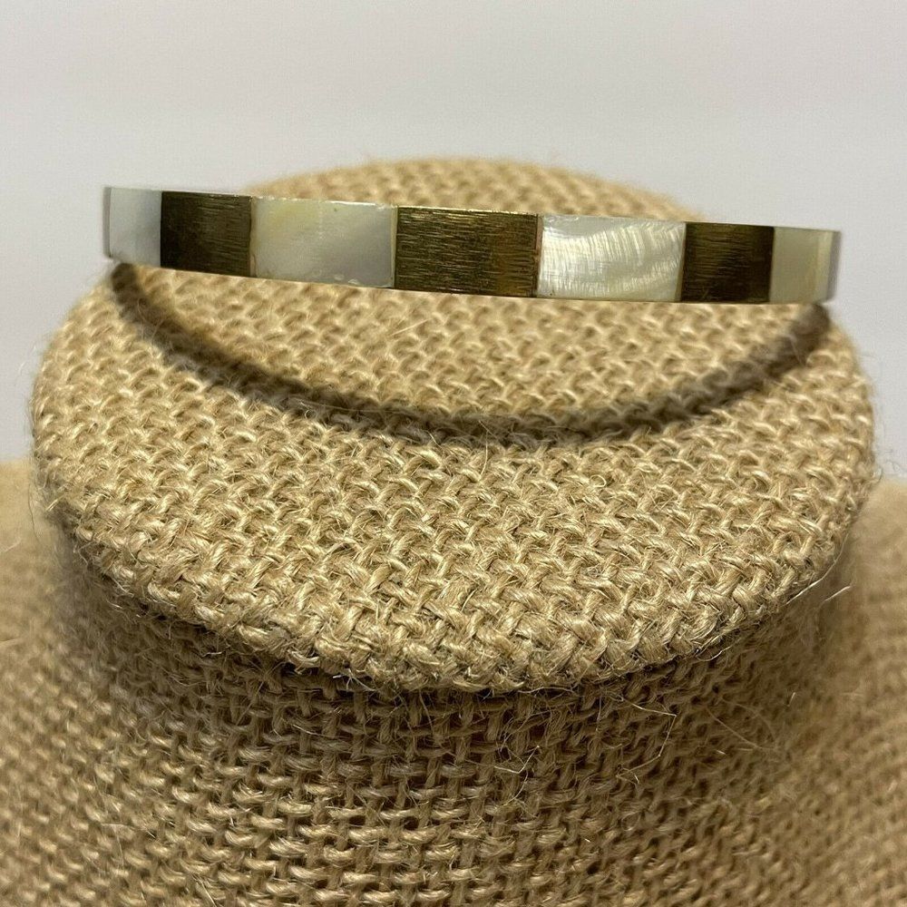 Alternating gold tone Rectangle mother of pearl inlay bangle bracelet